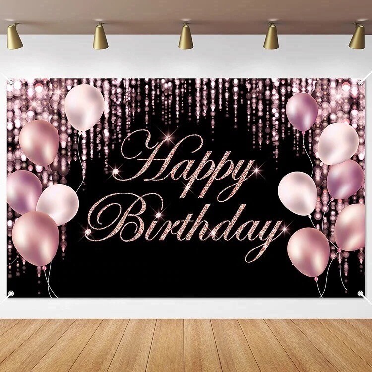 Happy Birthday Backdrop Black Pink Purple Banner Decorations Photo Background
