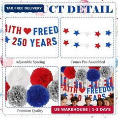 4th of July Decorations – 13 Pcs 250th Anniversary Pre-strung Banner Star Stream