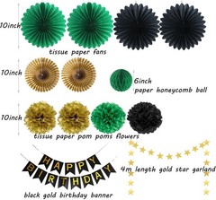 Green Black Gold Birthday Decorations with Happy Birthday Banner Hanging Pape…