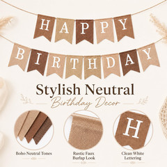 Happy Birthday Banner, Boho Neutral Beige Brown Canvas Faux Burlap Garland, Pre-