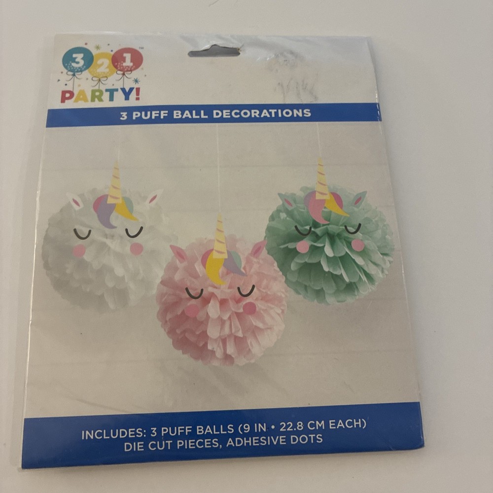 (3 pk) 9″ Unicorn Puff Balls Decorations Tissue Paper Pom Poms 321 Party!