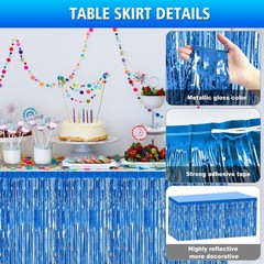2 Pack 29.5×108 Inch Blue Foil Tinsel Fringe Table Skirts, Disposable Table