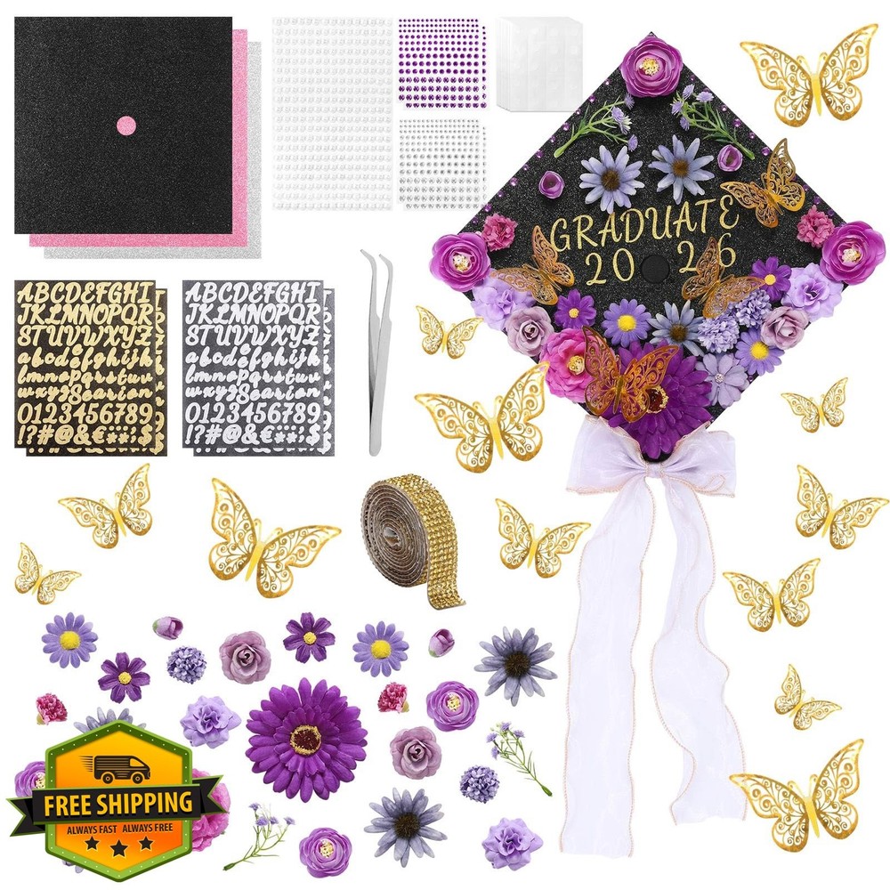 Harsever 48Pcs Graduation Cap Decor Kit Lavender Flower Butterfly