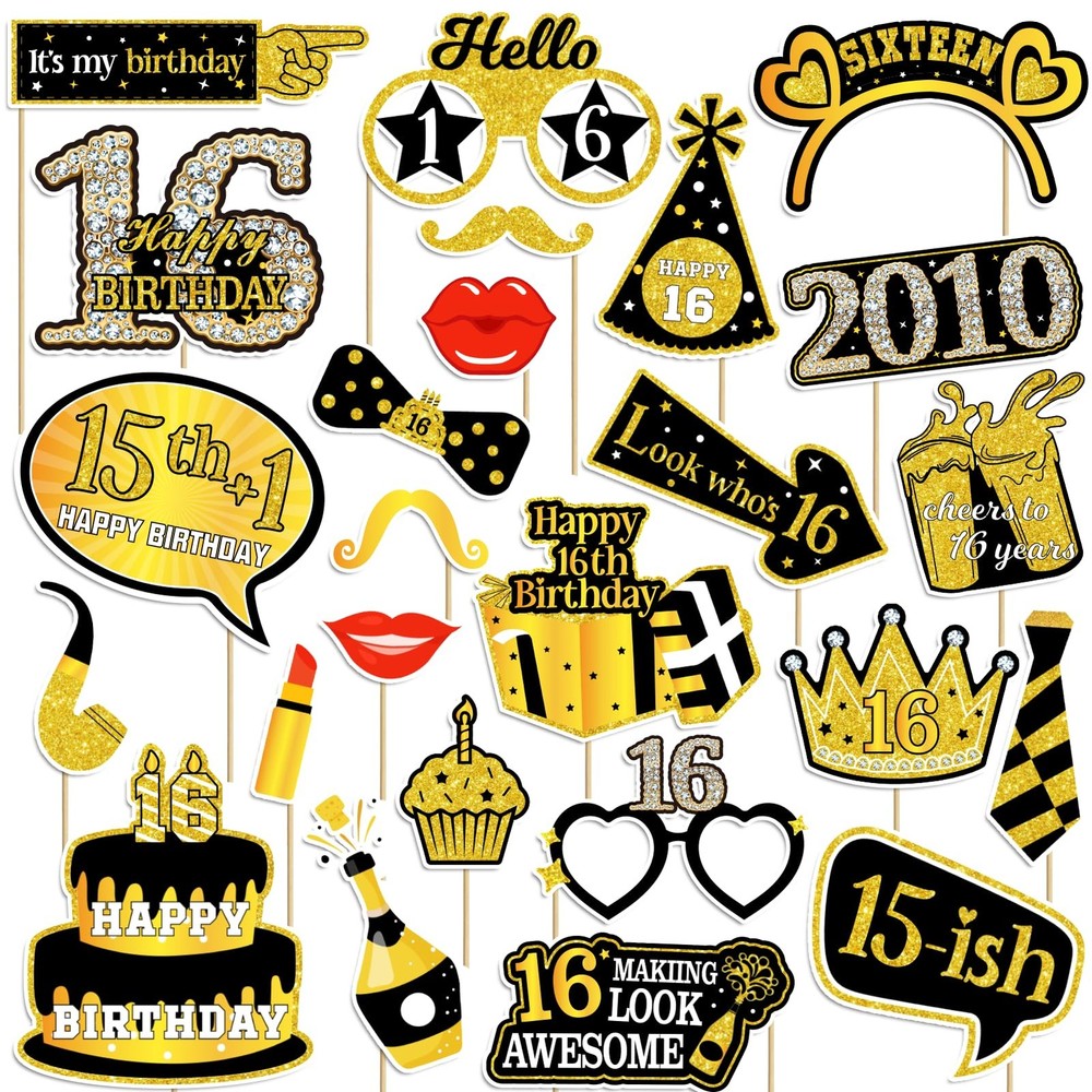 16th Birthday Photo Booth Prop Kit Black Gold Cheers To Sixteen Party Decor