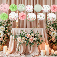 13PCS Spring Wildflower Bridal Shower Party Decorations Rose Paper Lanterns Pom
