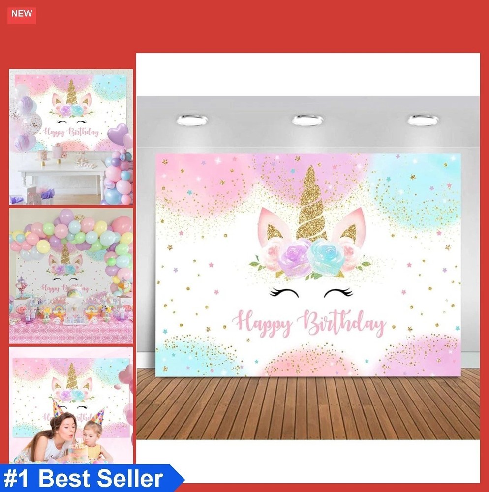 Unicorn Backdrop 8x6ft Pastel Rainbow Glitter Stars Dots Happy Birthday Banner