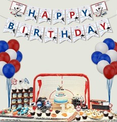 Complete Hockey Birthday Decorations: Banner, Balloons, Swirls & Tablecloth