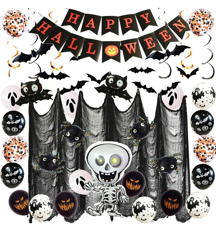 Happy Halloween 47 Piece Party Decorations Black Spider &White Ghost Gauze NEW