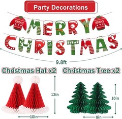 Christmas Party Decorations, Merry Christmas Banner Honeycomb Santa Hats Trees H