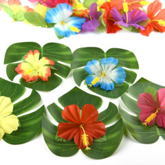 60 Pcs Tropical Party Decoration Supplies 8″ Palmtera Hibiscus Leaves and Flower