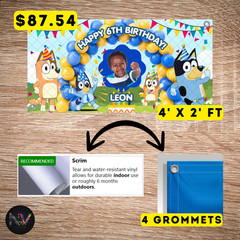 Bluey Happy Birthday Custom Photo Backdrop/Banner 4×2 Ft