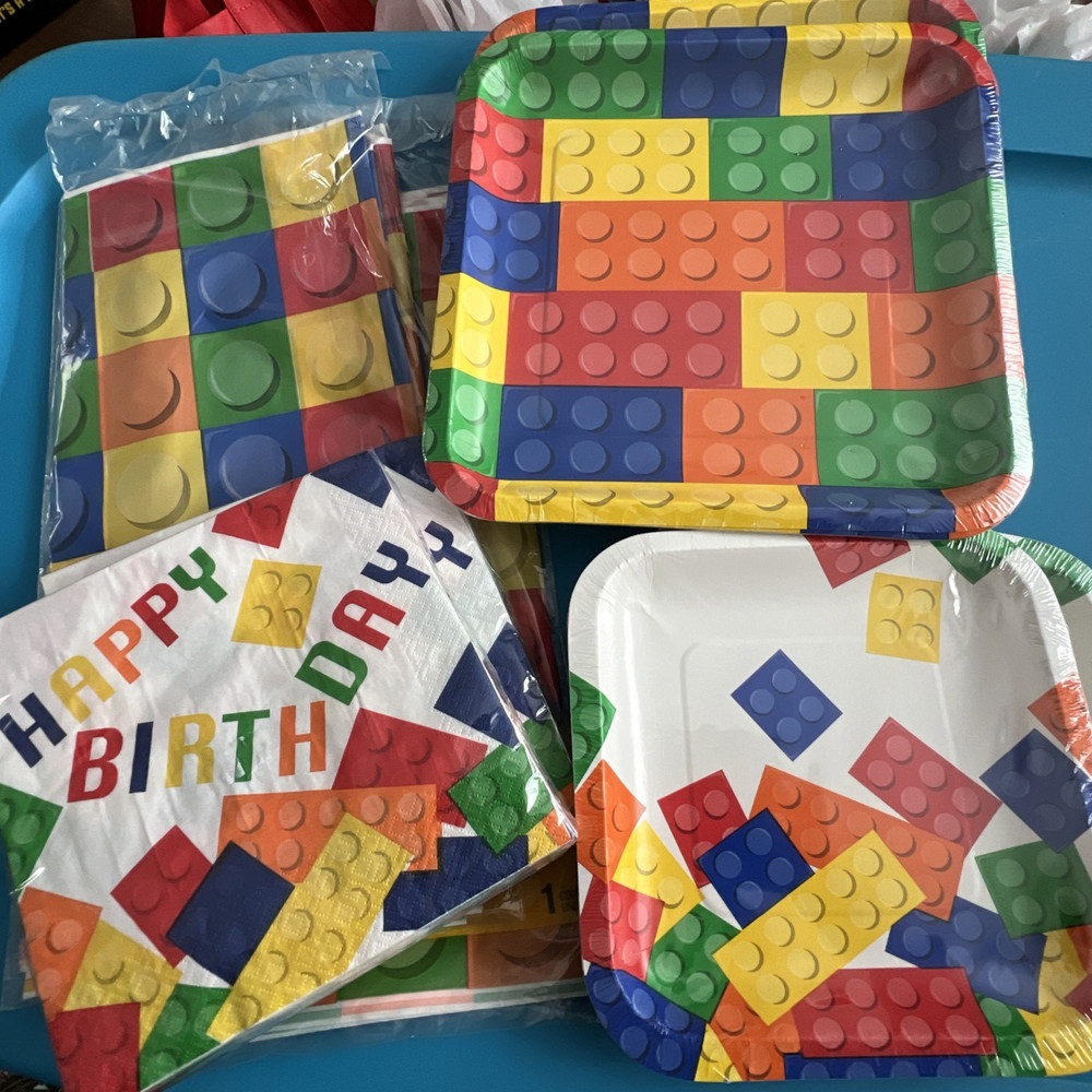 BUILDING BRICK Block Party Decoration Party Plates, Napkins & Tablecloths – NEW!