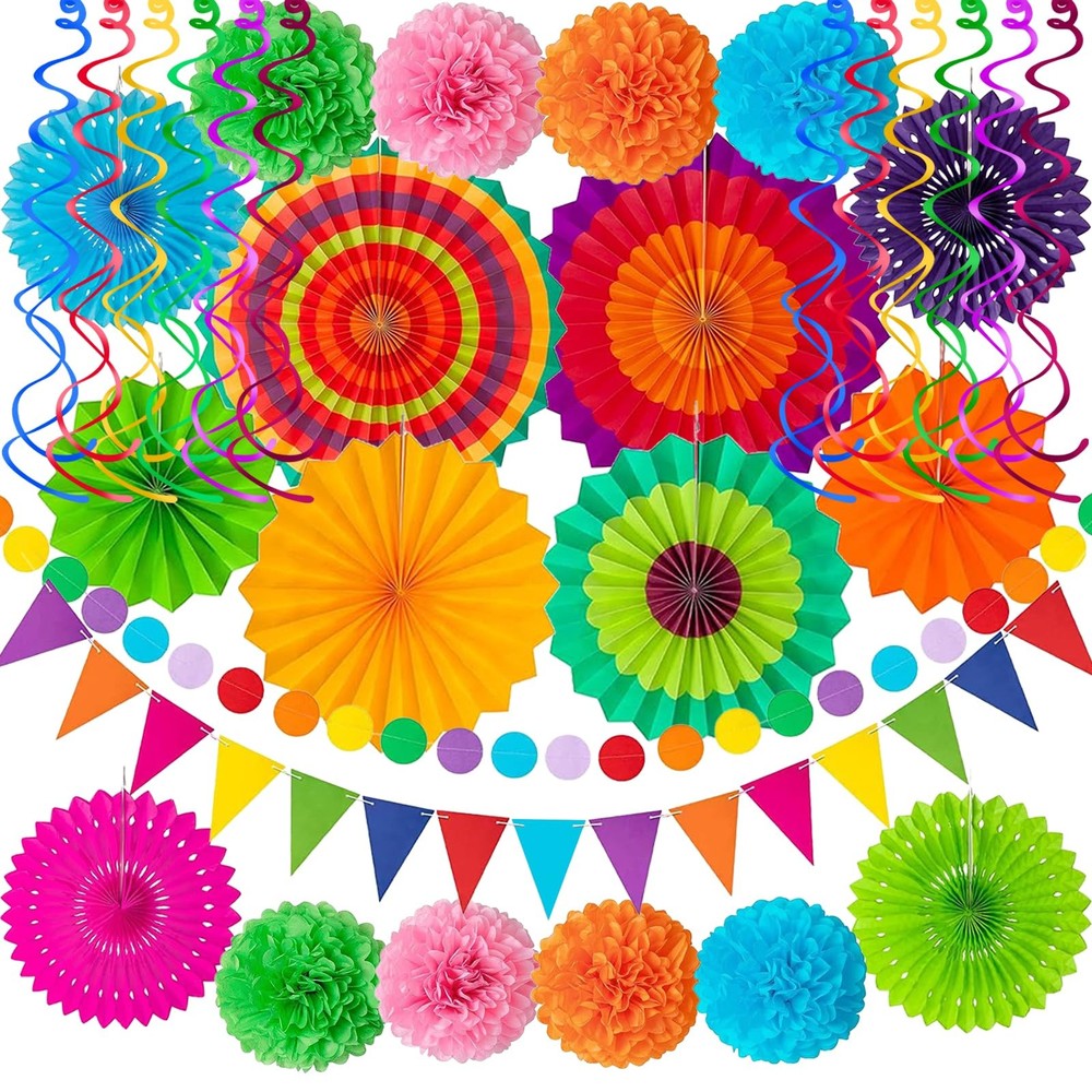 32Pcs Cinco De Mayo Decorations Fiesta Party Decorations Multi-Color Paper Fa…
