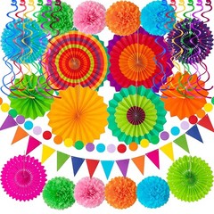 32Pcs Cinco De Mayo Decorations Fiesta Party Decorations Multi-Color Paper Fa…