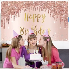 Rose Gold Happy Birthday Banner & Backdrop Decorations for Girls & Women, Pin…
