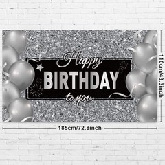 Sumind Black Silver Happy Birthday Banner Backdrop Party Decoration for Men Wome