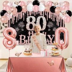 49-Piece Rose Gold & Black 80th Birthday Decorations Set for Elegant Parties