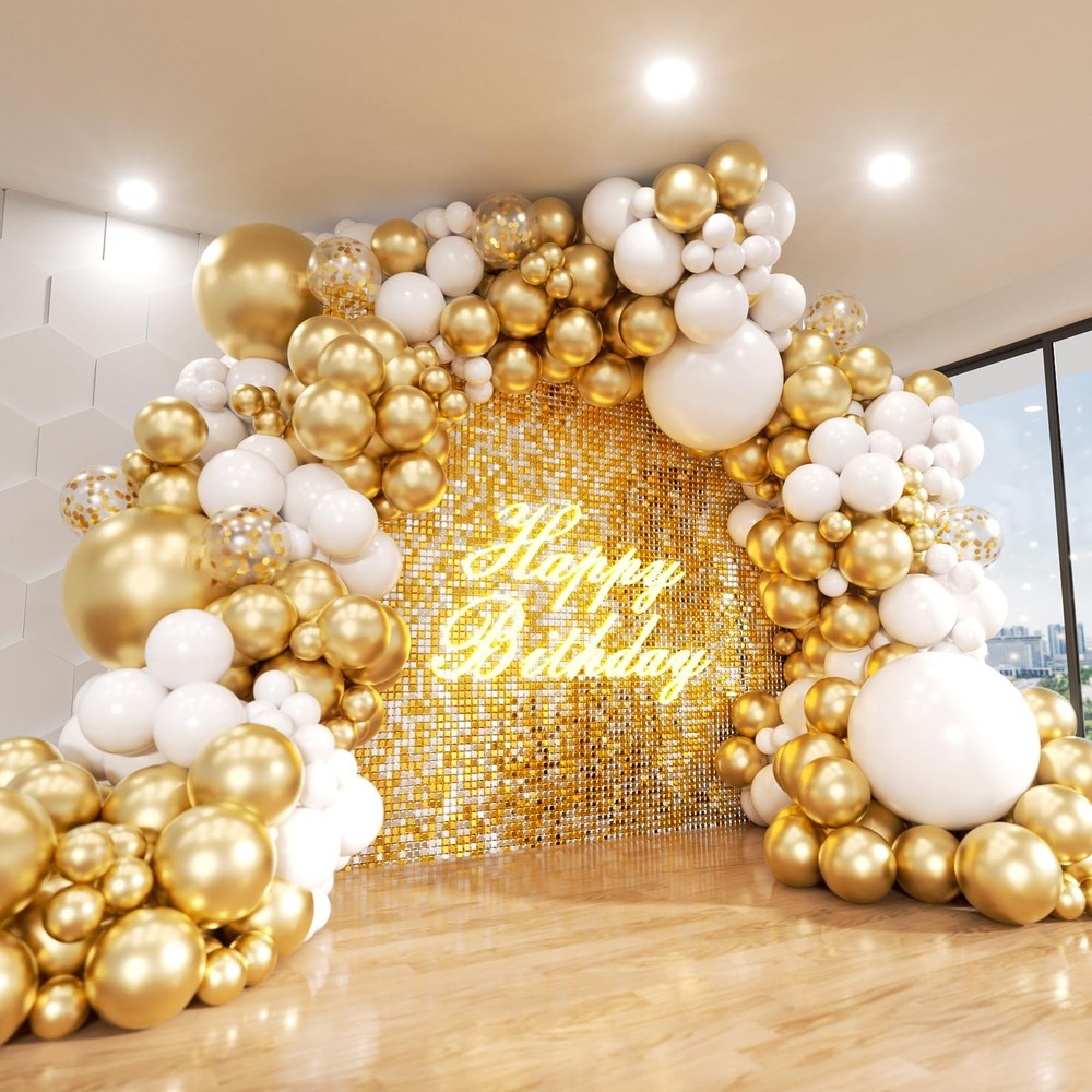 White and Gold Balloon Arch Kit, 140Pcs Matte White Metallic Gold and Gold