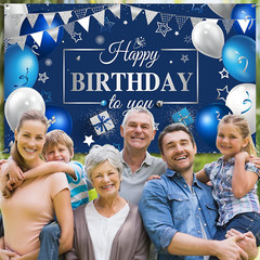 Sumind Happy Birthday Decorations Backdrop Banner, Navy Blue and Silver Party De
