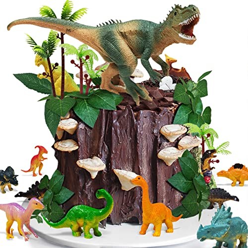 26 PCS Dinosaur Cake Toppers With Dinosaur Eggs Leaves Trees Cake Dinosaur-e