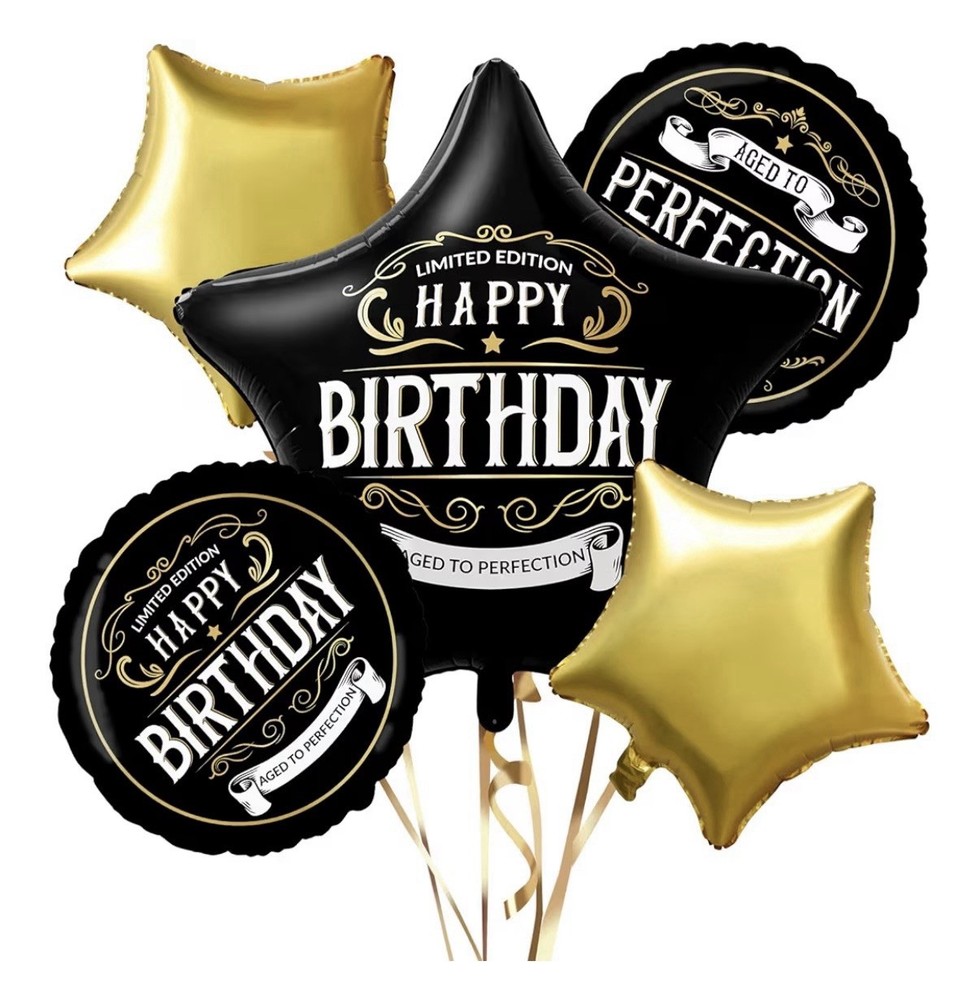 Happy Birthday Aged to Perfection Balloon Bouquet 5pc Black Gold Adult Party