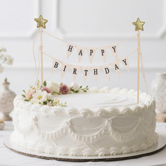 Happy Birthday Flag Banner Cake Topper, Handmade Pennant & Star Garland Birthday