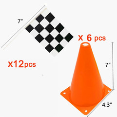 6 Pack 7Inch Orange Race Cones with Holes on Top,12 Pack Checkered Flags,Racing