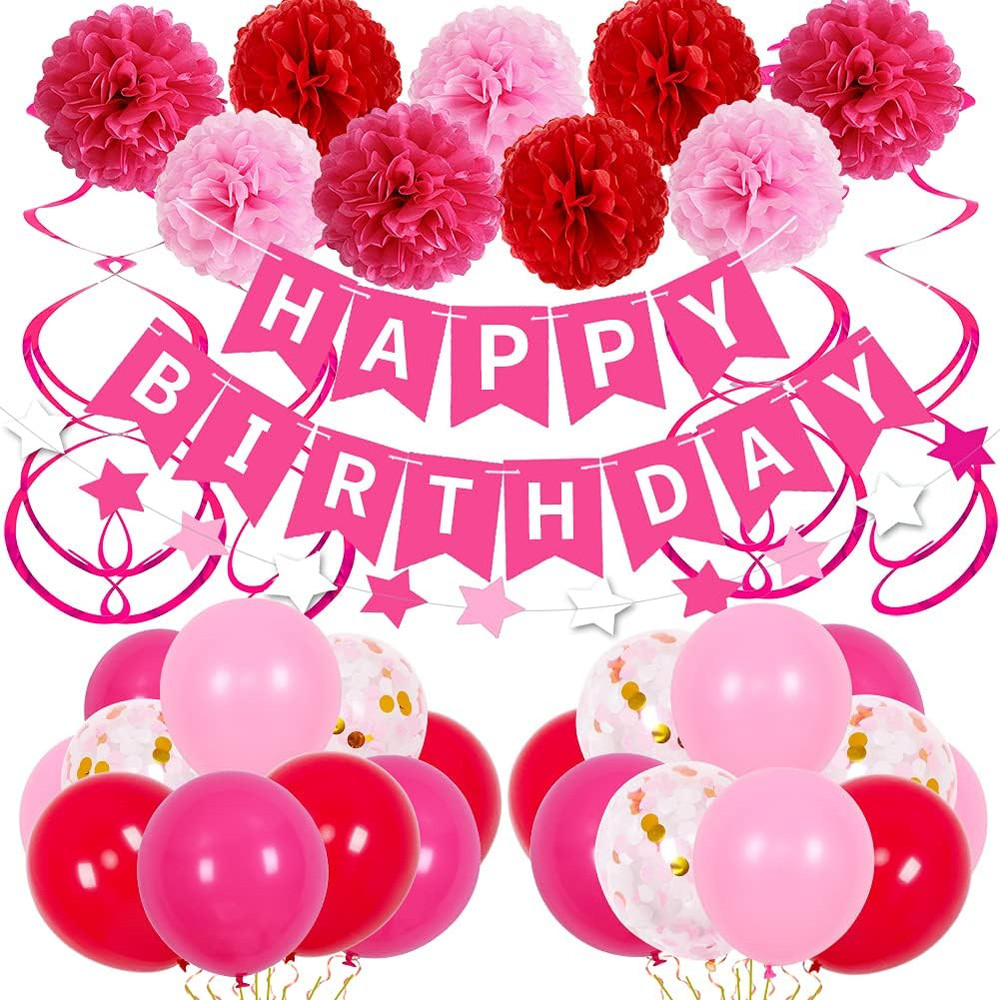 Hot Pink Birthday Decorations, Birthday Decorations for Women Girls with HAPPY B