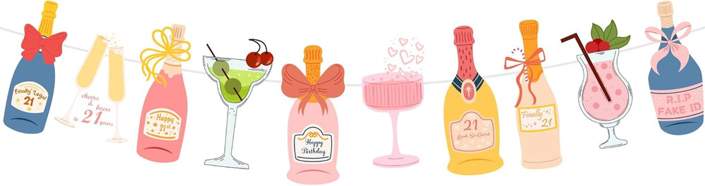 Pre-Strung Champagne Wine and Other Drinks Bottles and Glasses Banner, Happy 21S