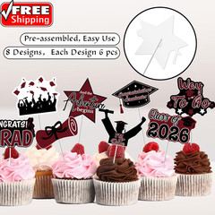 2026 Graduation Cupcake Toppers – 48 Pcs Maroon Graduation Party Supplies Mini C