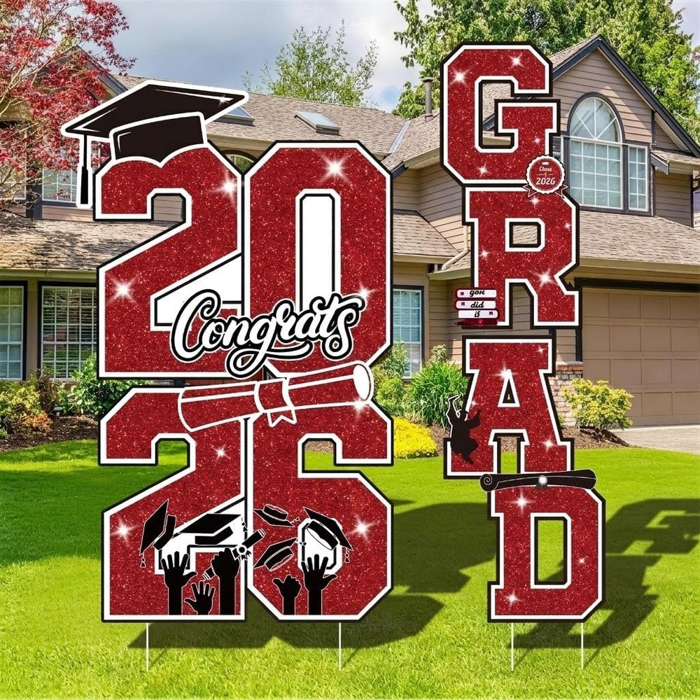 Graduation Yard Sign Class of 2026 Decorations, 4Pcs Large Size Red and Black…