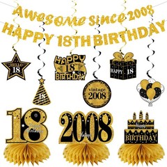 18th Birthday Decorations Kit – 11 Pcs Black Gold Banner, Centerpieces & Swirls