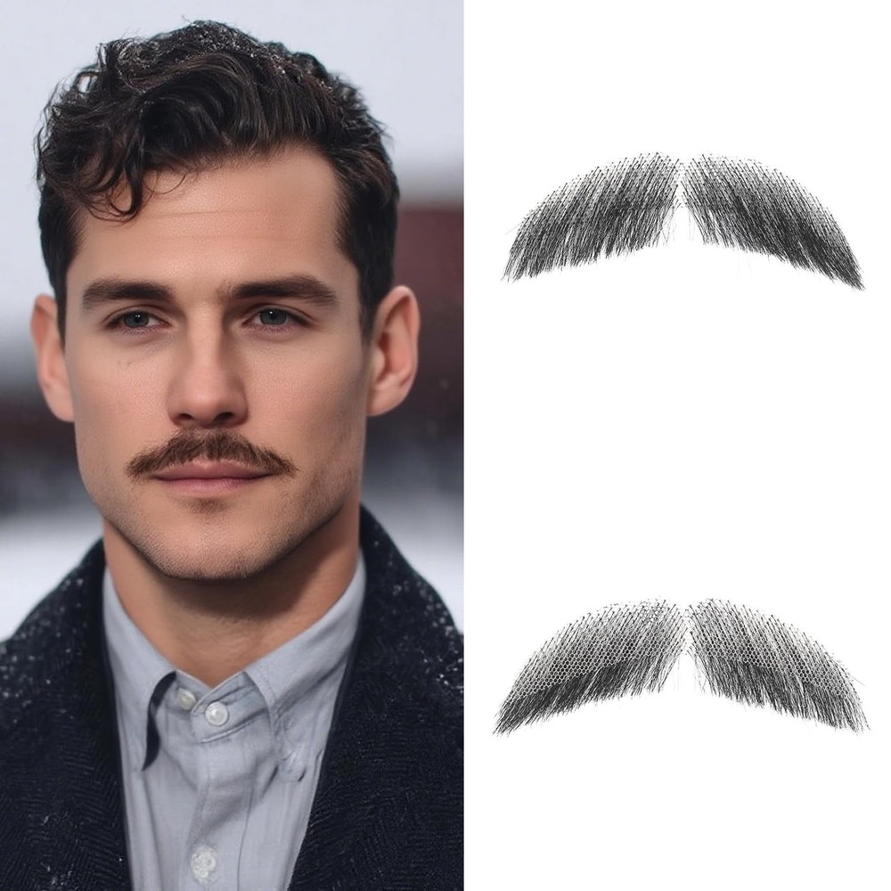 Fake Mustache Human Hair Beard for Men and Women, Black Color