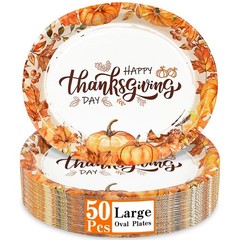 50 Pcs Oval Thanksgiving Paper Plates, 12 x 10 Inch Large Disposable Thanksgi…