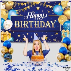 XtraLarge Gold and Blue Happy Birthday Banner – 72×44 Inch | Blue and Gold Birth
