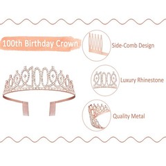 100th Birthday Decorations Women, Including Crown/Tiara, Rose Gold