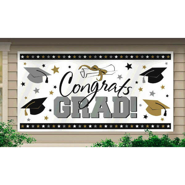 Large Graduation Party Banner Grad Decoration Silver Gold Outdoor Indoor Decor