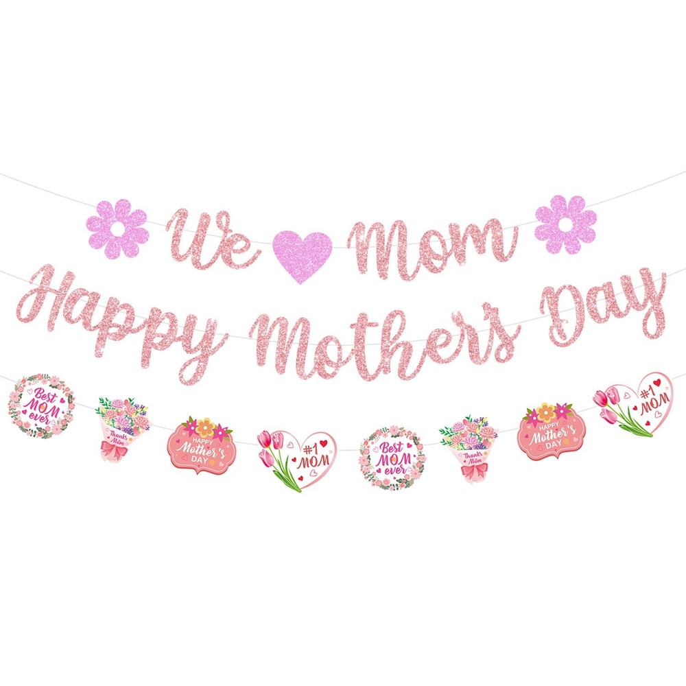 Glittery We Love Mom Happy Mother’s Day Banner with Heart Flowers Rose Gold