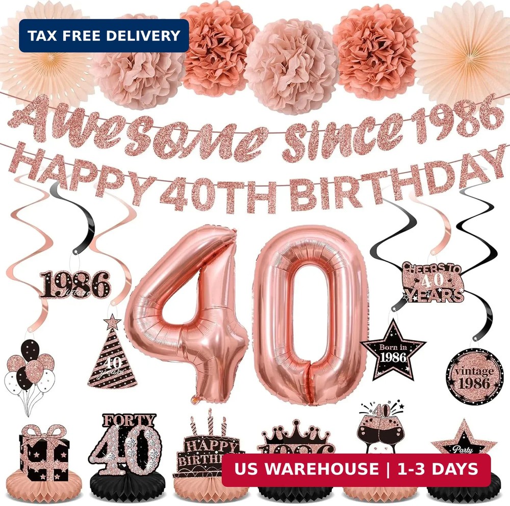 40th Birthday Decorations Kit for Women, Rose Gold Happy 40th Birthday Banner, A