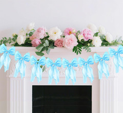 Blue Bow Garland Banner, Pre-Strung Satin Ribbon Bow Themed Party Decorations, B