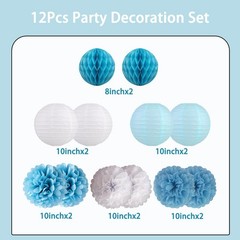 12 PCS Dusty Blue White Party Decoration Hanging Paper Flower Lanterns Pom Pom