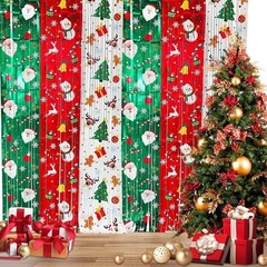2pcs Christmas Backdrop Curtain Foil Fringe Curtain Santa Snowman Gift 3 x 6 ft