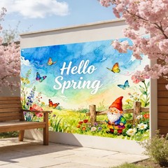 Hello Spring Banner – Watercolor Floral & Gnome Style – 71×43 Inches Polyeste…