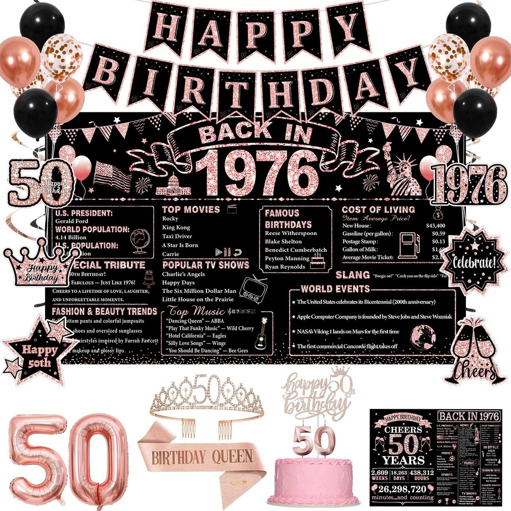 50th Birthday Decorations for Women, Rose Gold Black Back in