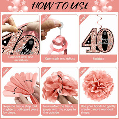 12PCS Black Rose Gold 40Th Birthday Decorations Kit for Women, Pre-Strung Happy