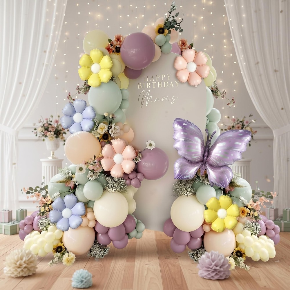 Wildflower Balloon Arch Kit with Pastel Floral Flower Butterfly Balloons