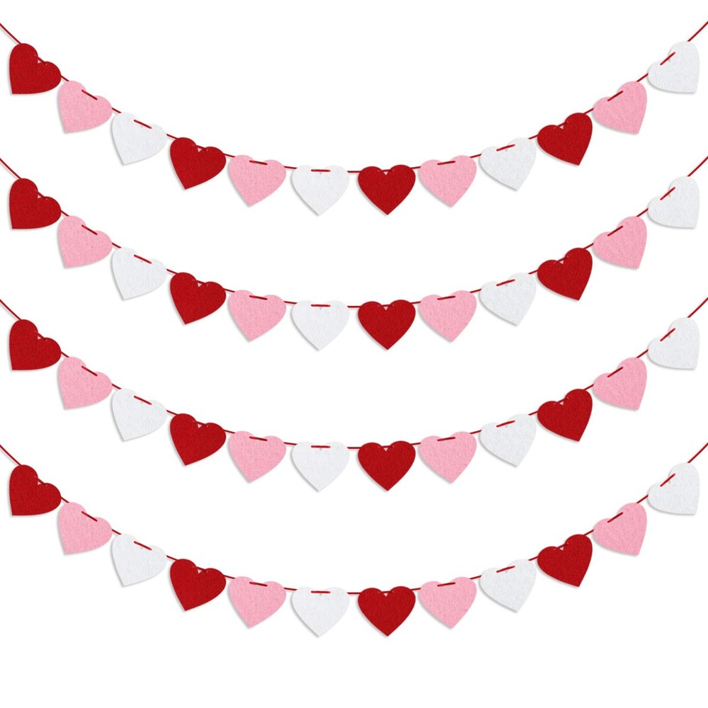 Felt Heart Garland Banner, Pre-Strung | 4 Count (Pack of 1), Red, Pink, White
