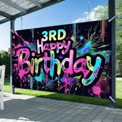 71×43 Inch Paint Splatter Glow in The 71*43 Inch Neon 3rd Happy Birthday Banner