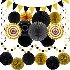 24 Pcs Black and Gold Party Decorations, Paper Fans Pom Poms Garland Decor | …
