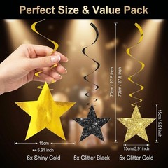 16 PCS Black Gold Glitter Star Hanging Swirls Graduation Party Ceiling Decor